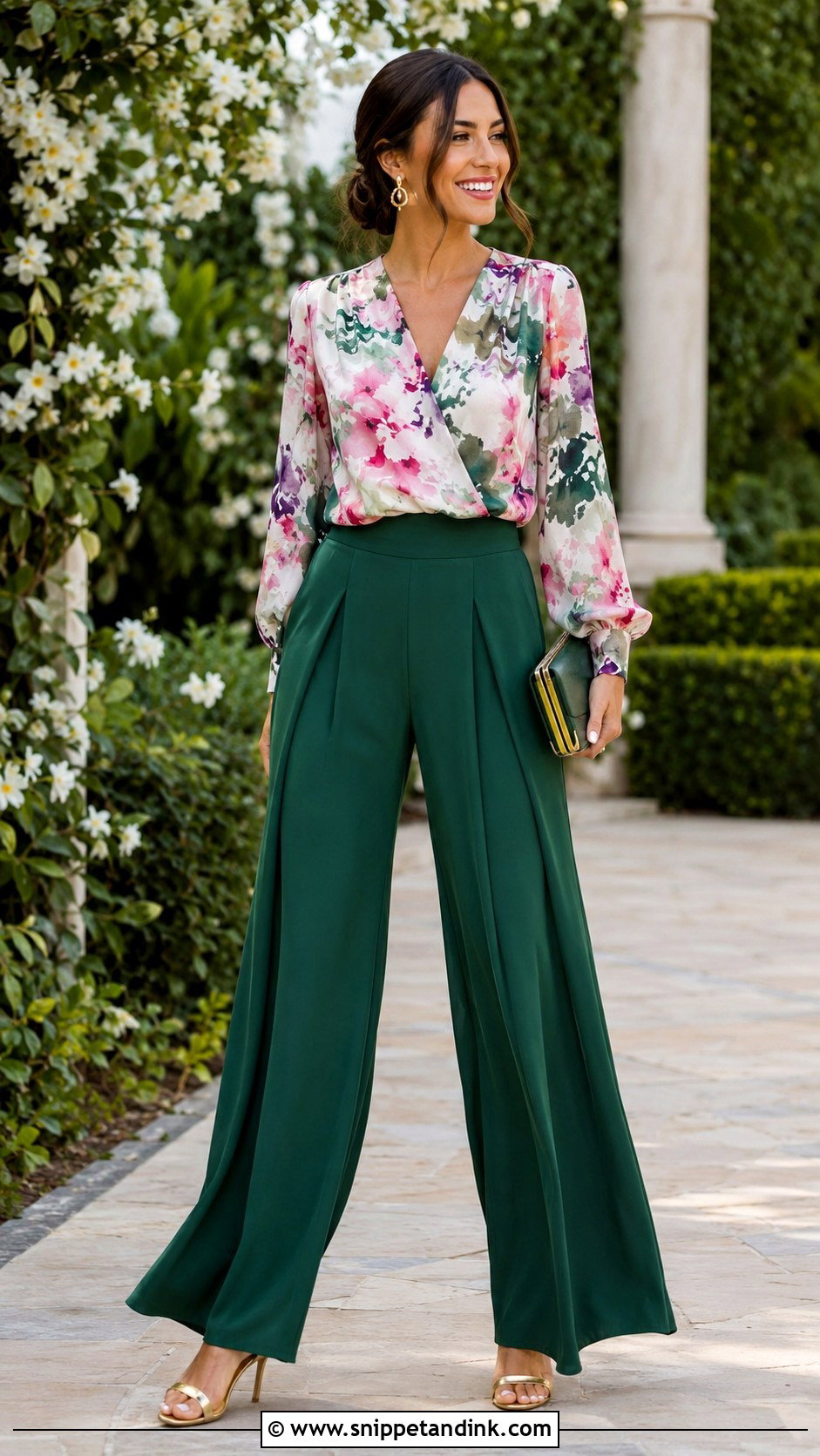 Printed Blouse With Solid Palazzo Pants Wedding Outfit - Snippet and Ink - 20 Blouse and Pants Wedding Outfit Ideas