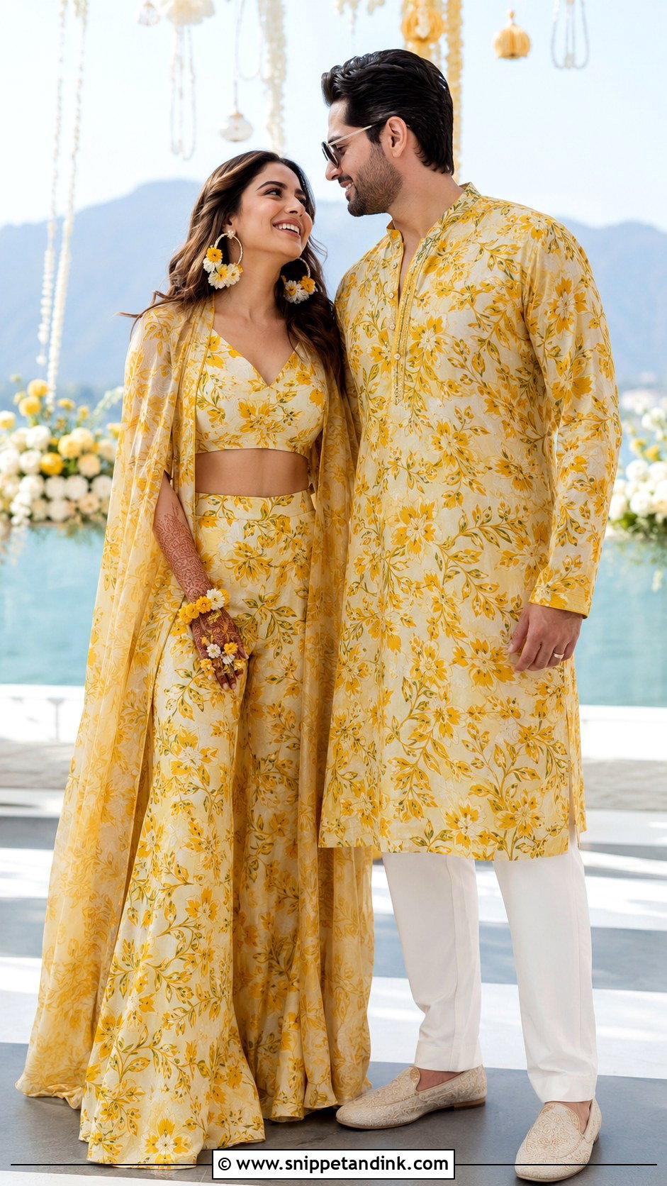 Printed Co Ord Set And Printed Kurta Haldi Couple Outfit - Snippet and Ink - 25 Haldi Couple Outfits