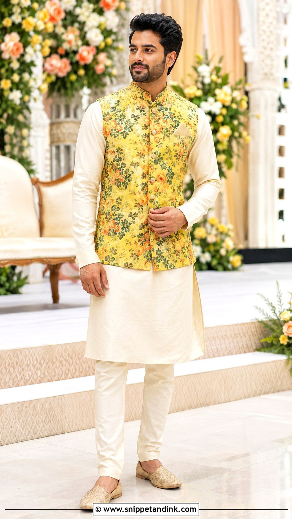 Printed Haldi Jacket With Kurta Pajama - Snippet and Ink - 20 Haldi Outfit for Bride Brother Ideas