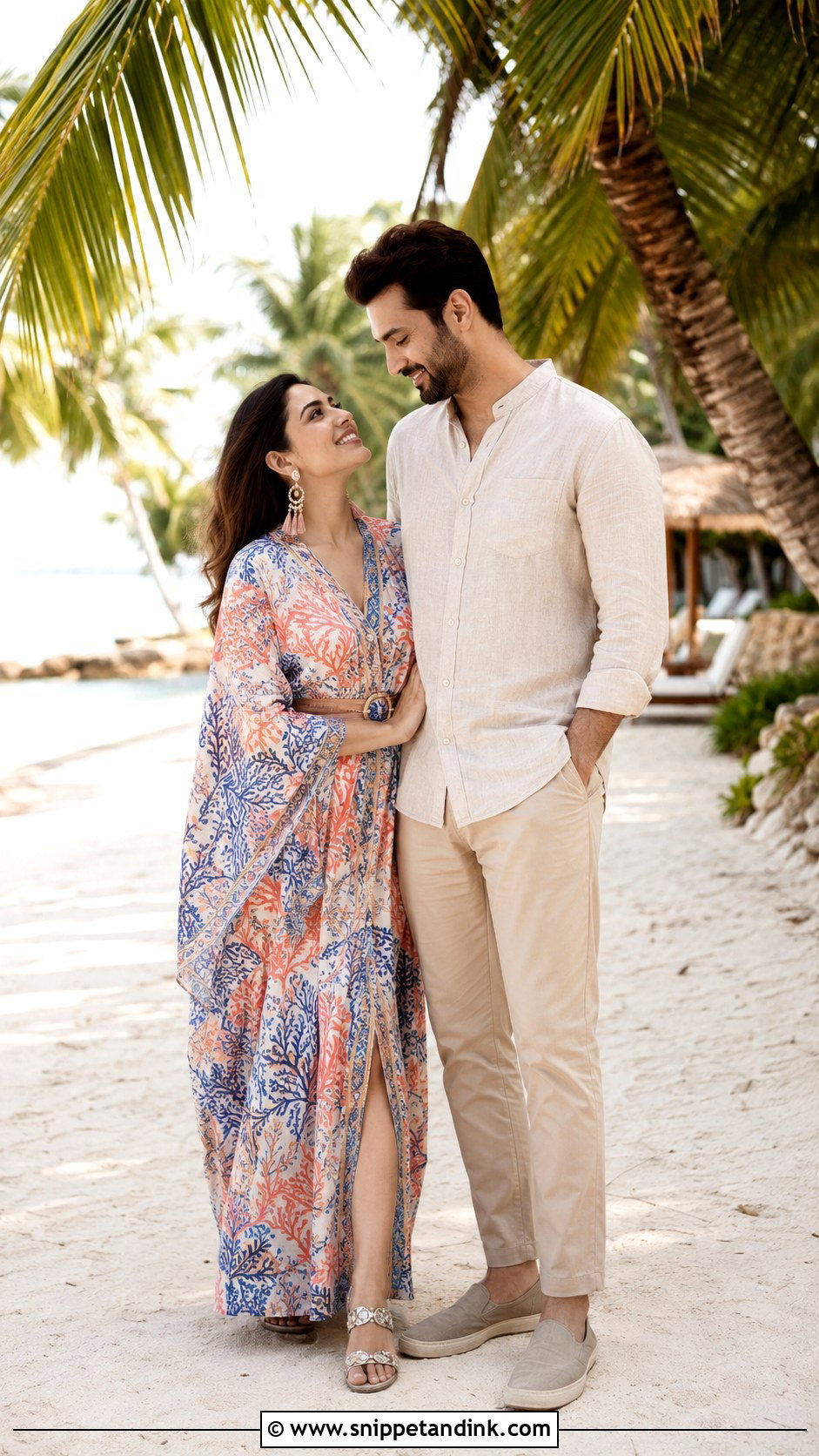 Printed Kaftan Dress And Neutral Linen Outfit - Snippet and Ink - 20 Beach Pre Wedding Shoot Outfit Ideas