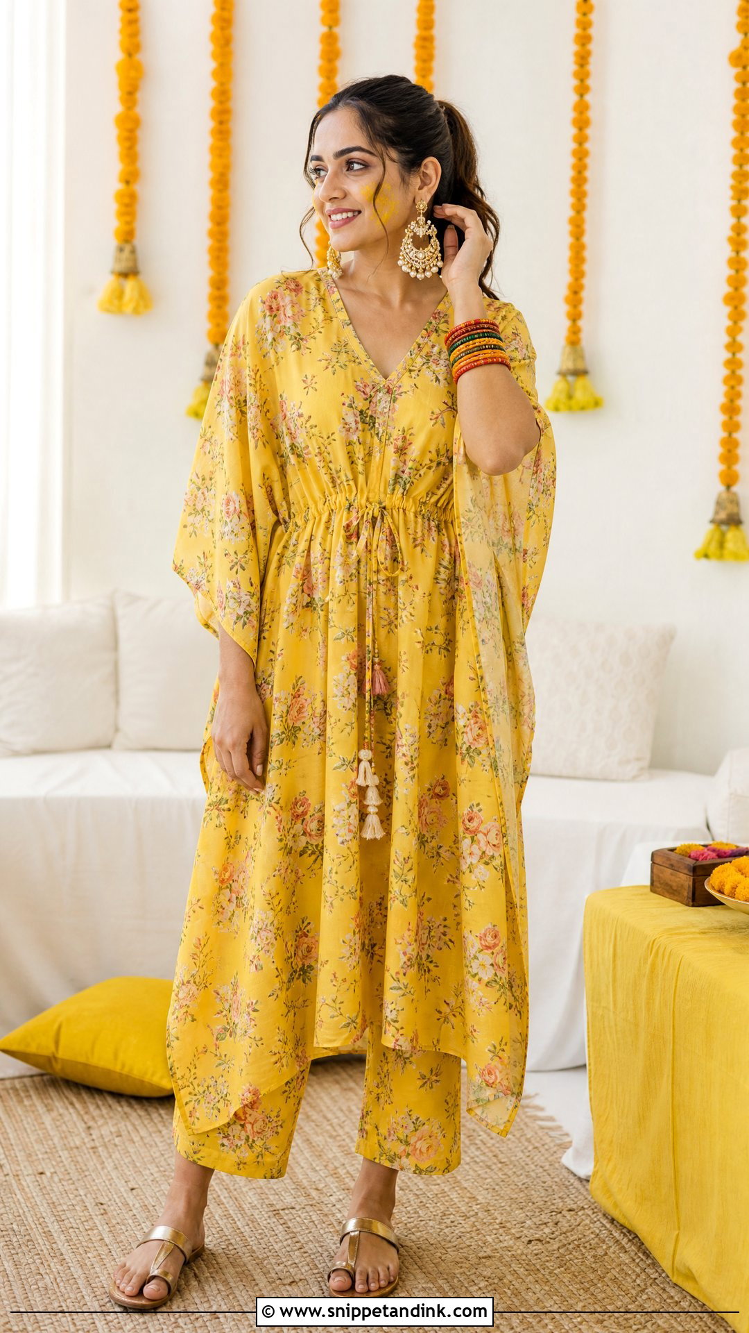 Printed Kaftan Haldi Outfit - Snippet and Ink - 20 Simple Haldi Ceremony Outfit for Sister Ideas
