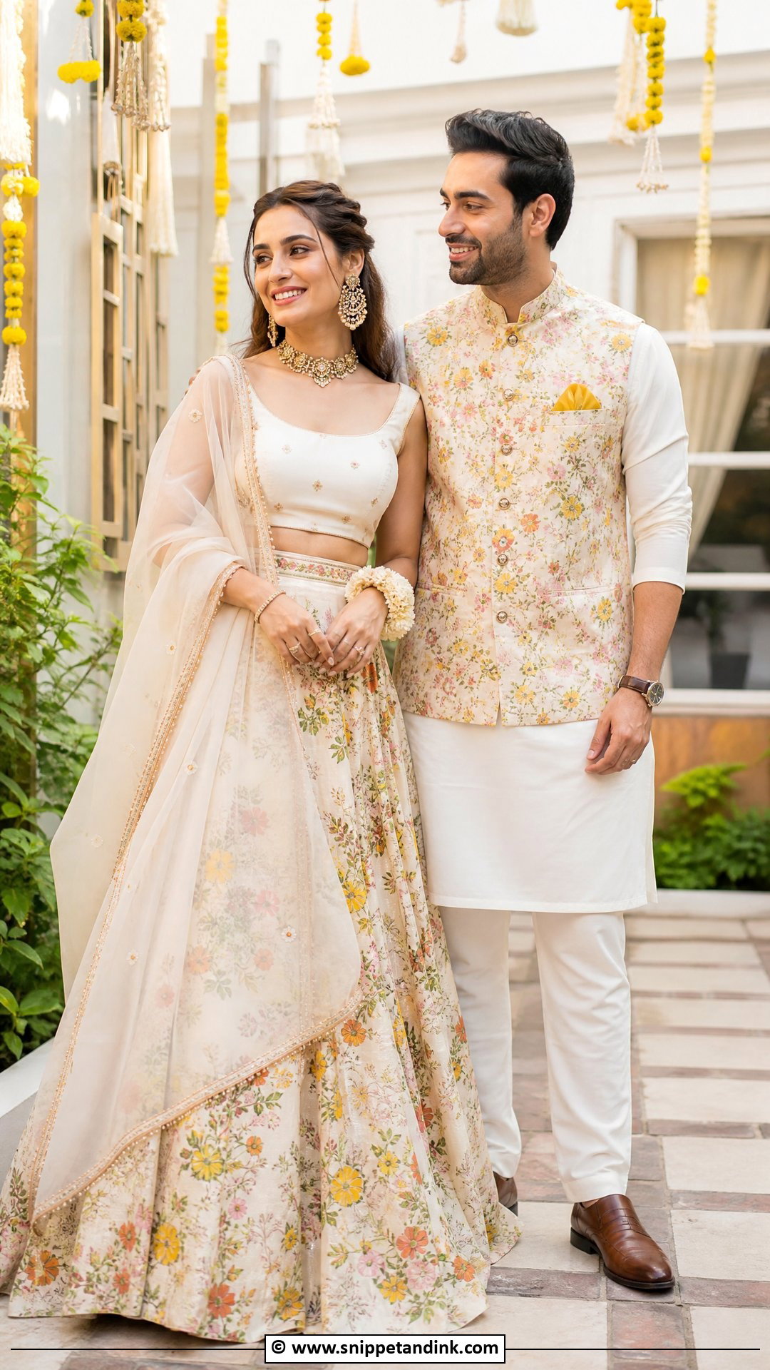 Printed Kurta And Printed Lehenga - Snippet and Ink - 35 Indian Couple Matching Dress Ideas