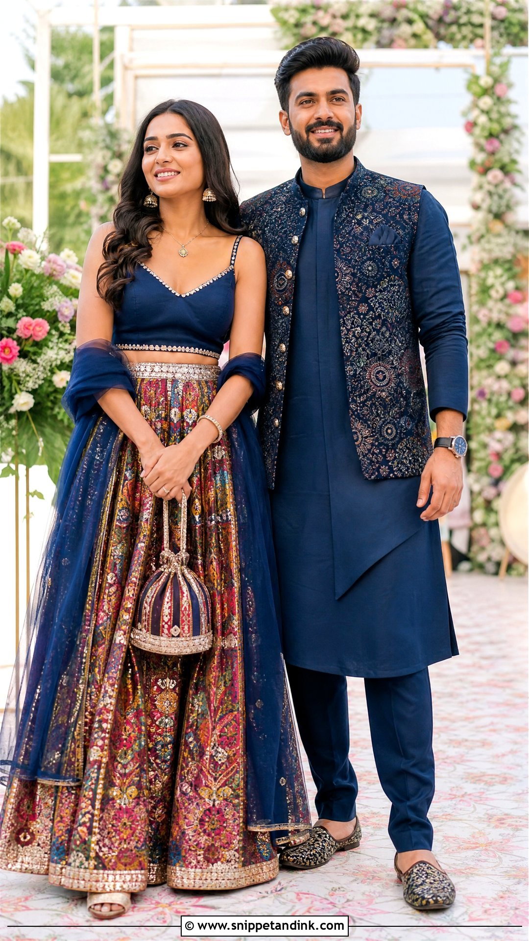 Printed Lehenga And Asymmetric Kurta Sangeet Couple Outfit - Snippet and Ink - 20 Sangeet Outfit for Couple Ideas