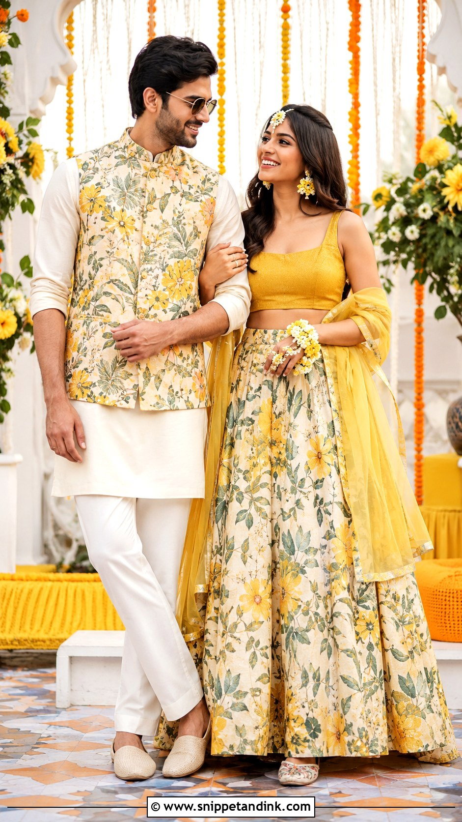 Printed Lehenga And Jacket Haldi Outfits - Snippet and Ink - 20 Haldi Outfits for Couple