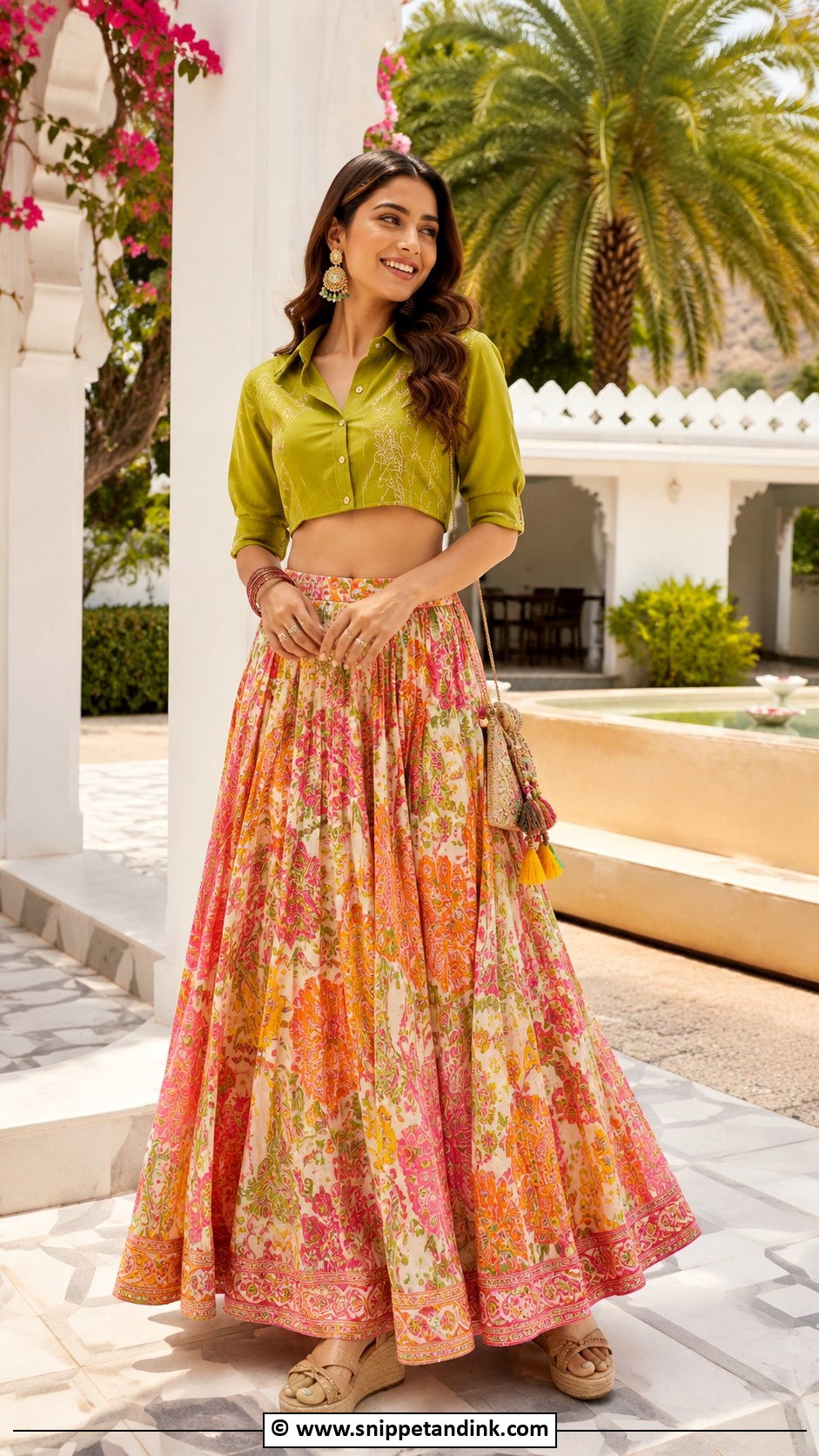 Printed Lehenga With Crop Shirt Outfit - Snippet and Ink - 30 Indowestern Wedding Outfits Women