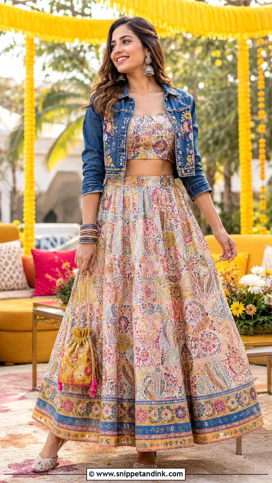 Printed Lehenga With Denim Jacket Wedding Outfit - Snippet and Ink - 25 Indo Western Wedding Outfits Women