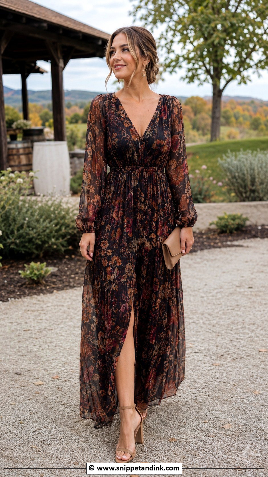 Printed Long Sleeve Maxi Dress - Snippet and Ink - 30 Fall Wedding Dress Ideas
