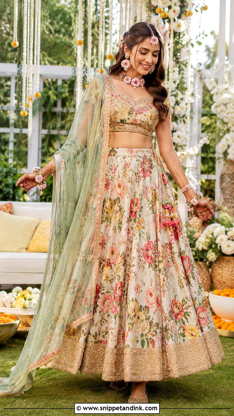 Printed Mehndi Lehenga Outfit - Snippet and Ink - 30 Mehndi Outfit for Bride Ideas