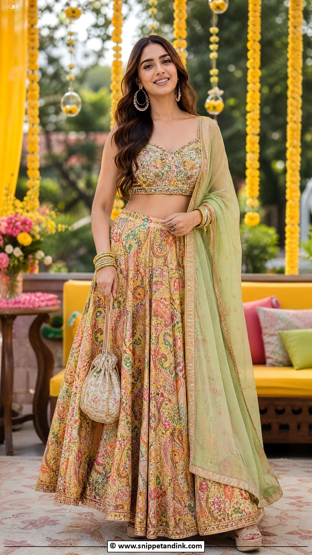 Printed Mehndi Lehenga With Crop Top - Snippet and Ink - 35 Mehndi Dresses