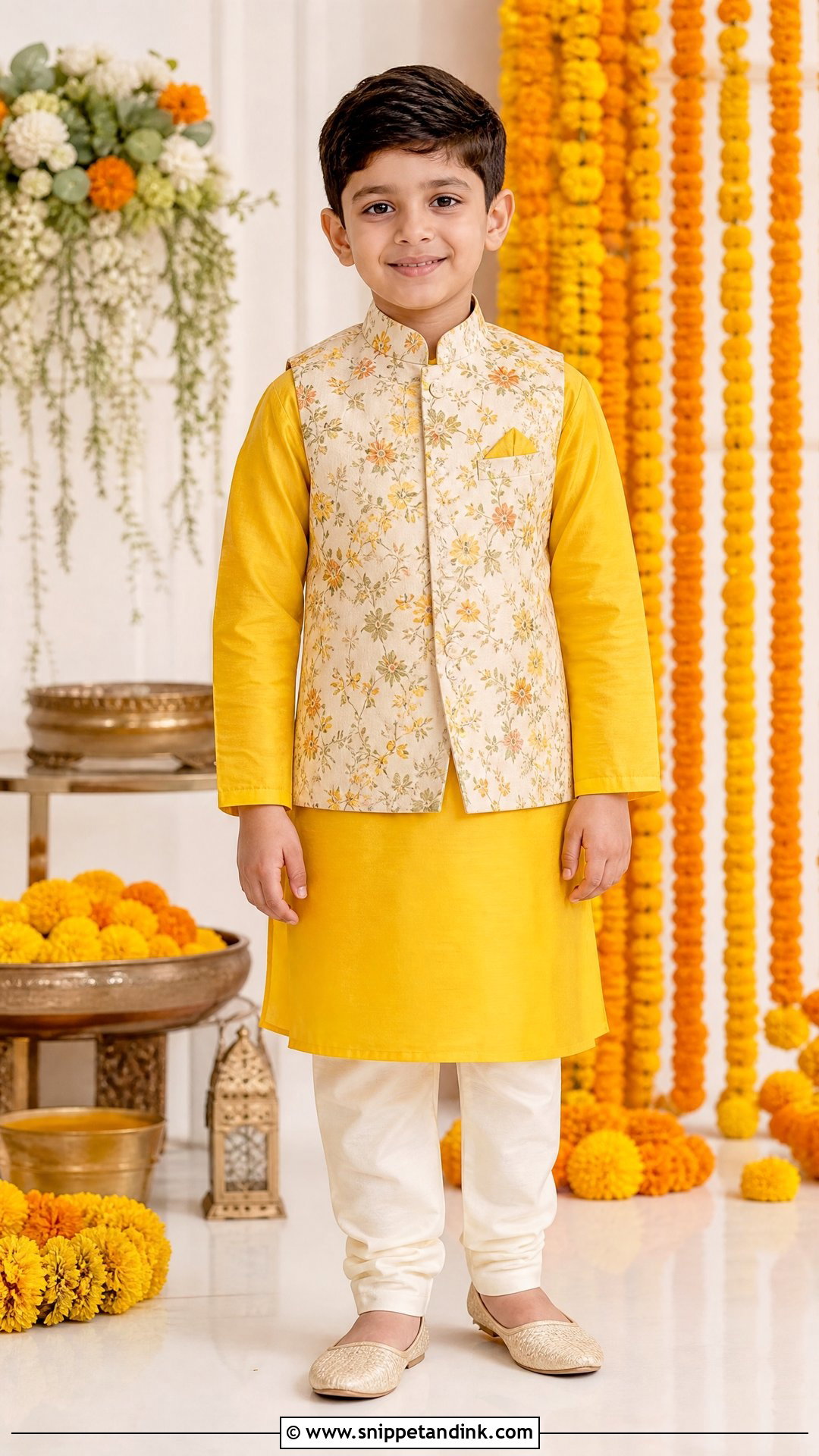 Printed Nehru Jacket With Yellow Kurta Haldi Outfit - Snippet and Ink - 20 Boys Haldi Outfit Ideas