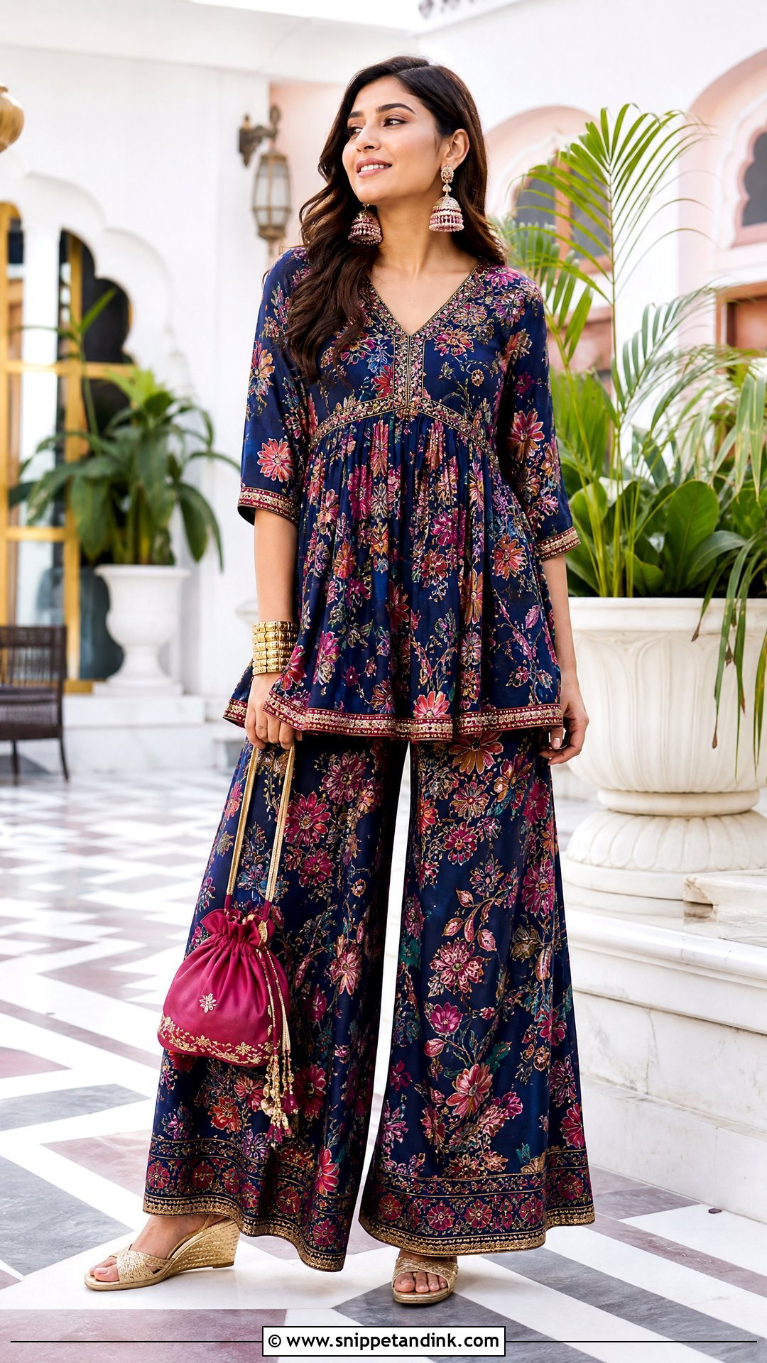 Printed Palazzo Set With Statement Jewelry - Snippet and Ink - 20 Palazos Outfit Indian Wedding Ideas