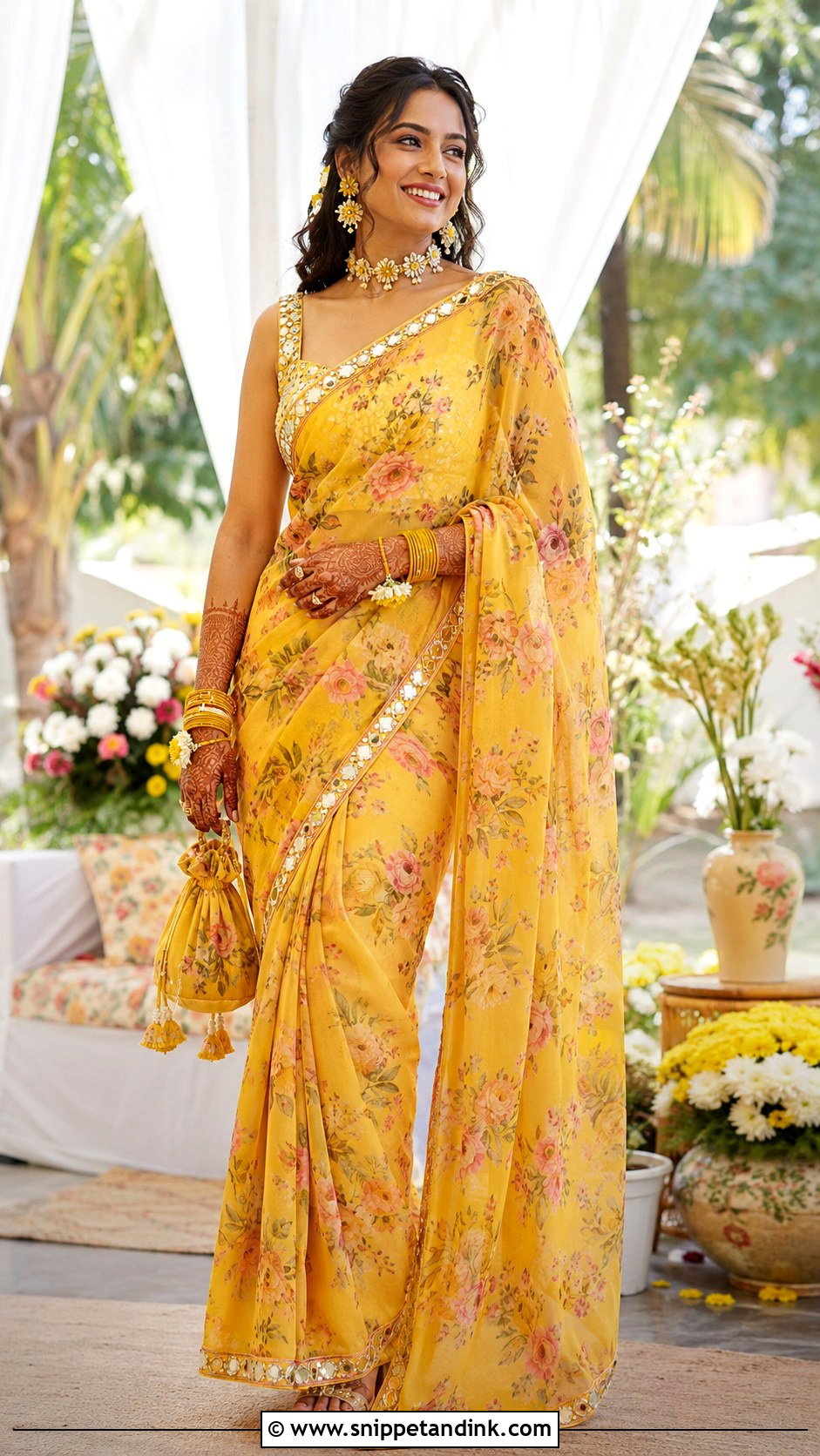 Printed Saree Mehandi Dress for Bride - Snippet and Ink - 25 Mehandi Dress for Bride Ideas