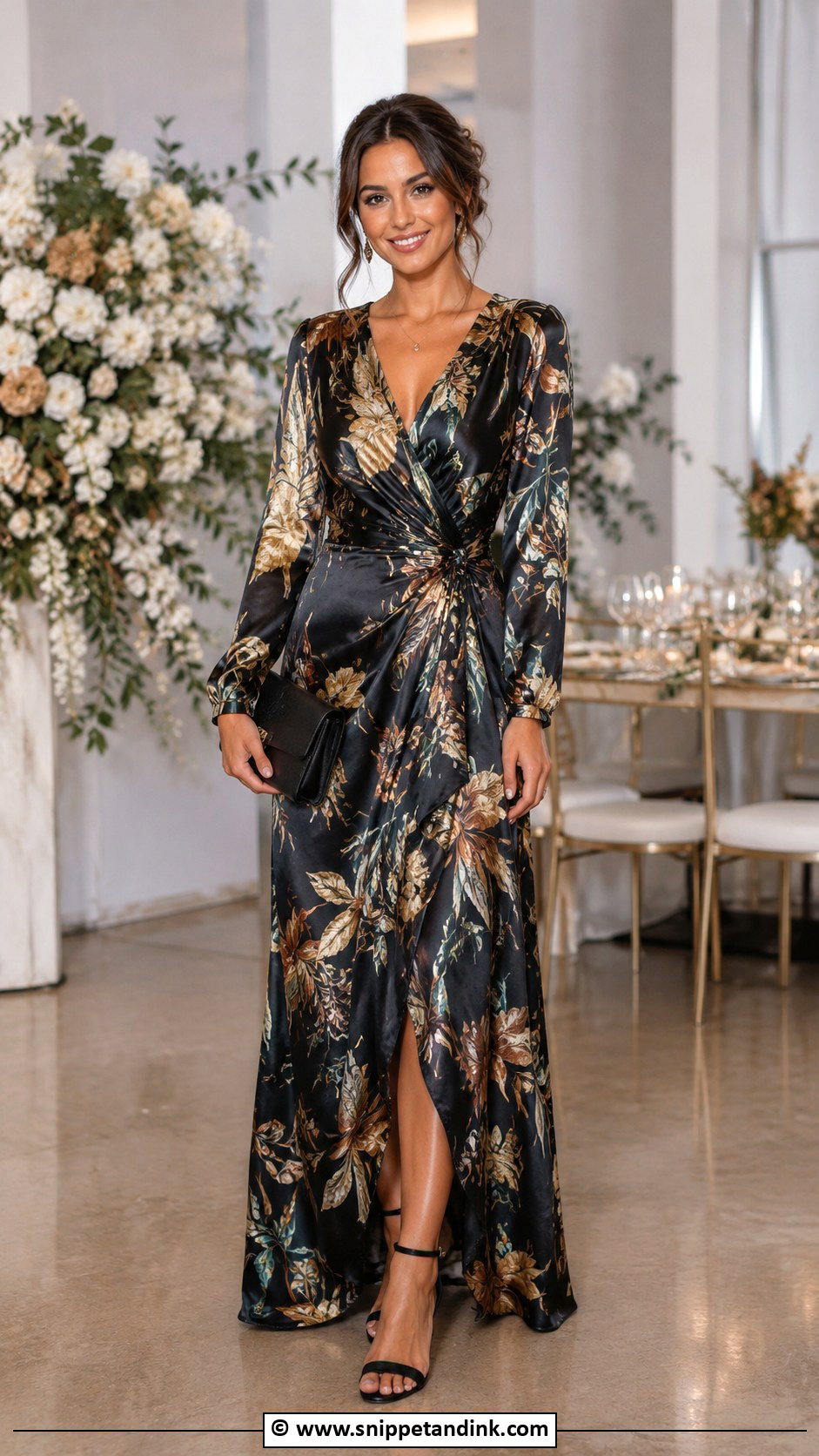 Printed Satin Maxi Dress Outfit - Snippet and Ink - 30 Autumn Wedding Dress Ideas