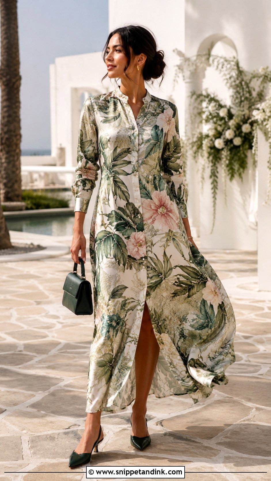 Printed Silk Long Shirt Dress With Kitten Heels - Snippet and Ink - 20 Long Shirt Dress for Wedding Ideas