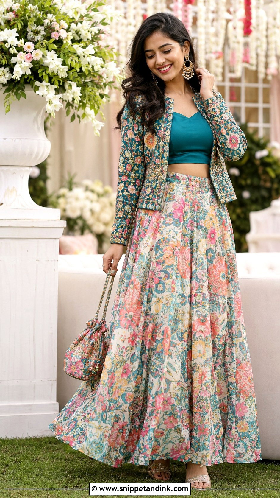 Printed Skirt And Silk Blouse Roka Outfit - Snippet and Ink - 20 Roka Ceremony Outfits for Sister