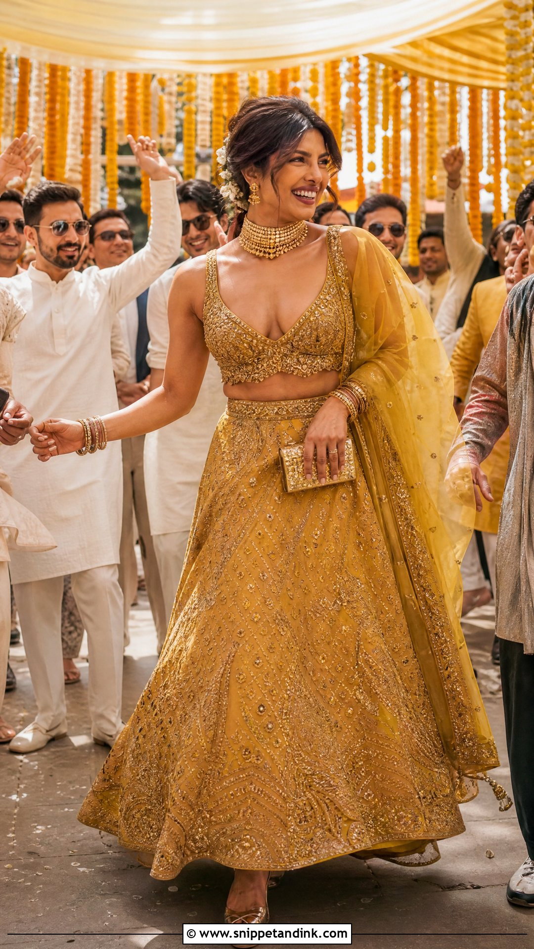 Priyanka Chopra Mustard Gold Lehenga - Snippet and Ink - 20 Anant Ambani Wedding Outfits