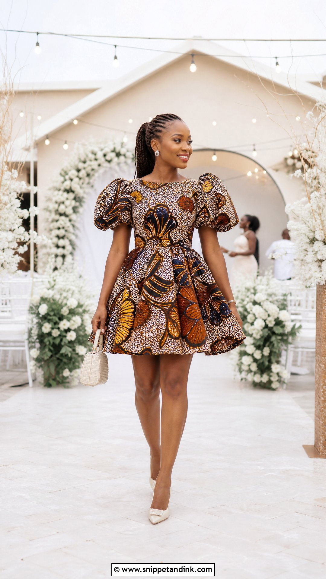 Puff Sleeve Ankara Short Gown With Slingback Shoes - Snippet and Ink - 20 Short Gown Ankara Styles for Wedding
