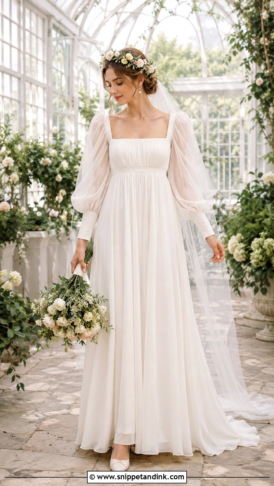 Puff Sleeve Empress Wedding Dress With Floral Crown - Snippet and Ink - 20 Empress Wedding Dress Ideas