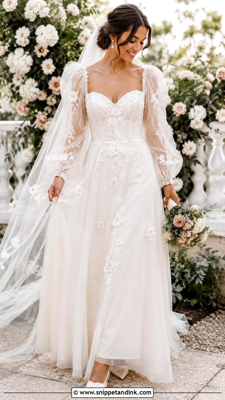 Puff Sleeve Floral Applique Wedding Dress - Snippet and Ink - 30 Puff Sleeve Wedding Dress Ideas