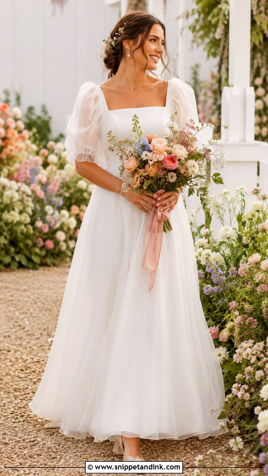 Puff Sleeve Garden Party Wedding Dress With Floral Hair Pins - Snippet and Ink - 20 Garden Party Wedding Dress the Bride Ideas