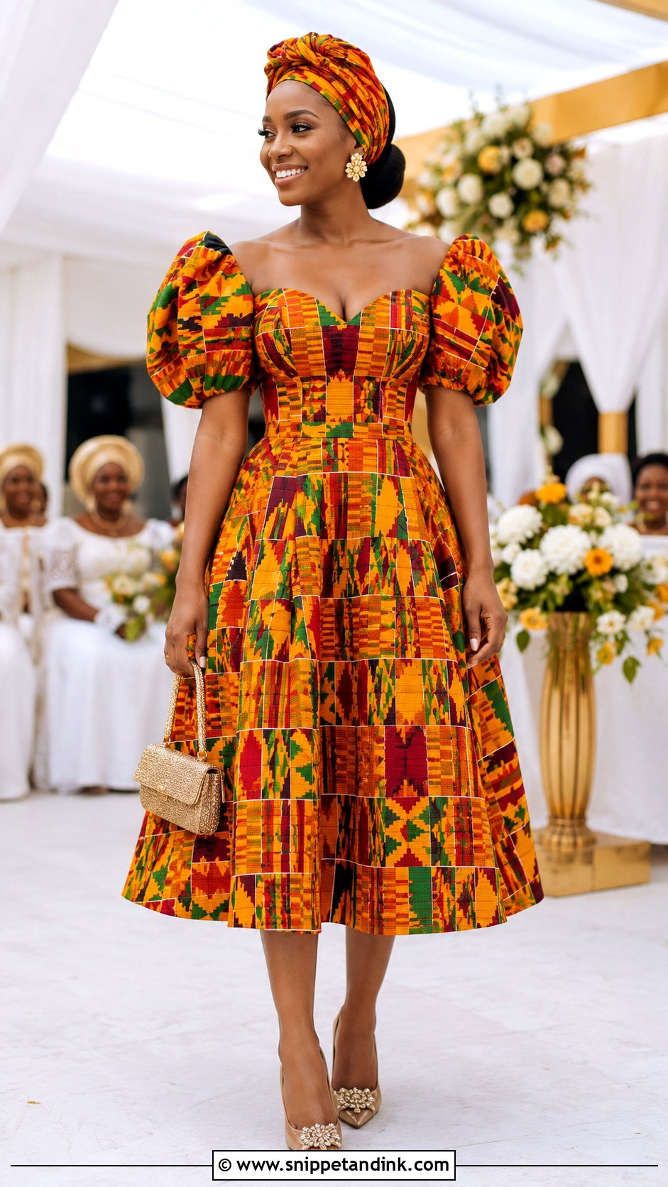 Puff Sleeve Kente Midi Dress - Snippet and Ink - 20 Kente Dress Ghana Traditional Weddings Ideas