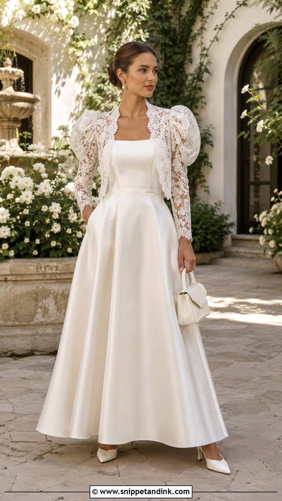 Puff Sleeve Lace Jacket With Square Neck Wedding Dress - Snippet and Ink - 20 Wedding Dress with Jacket Ideas