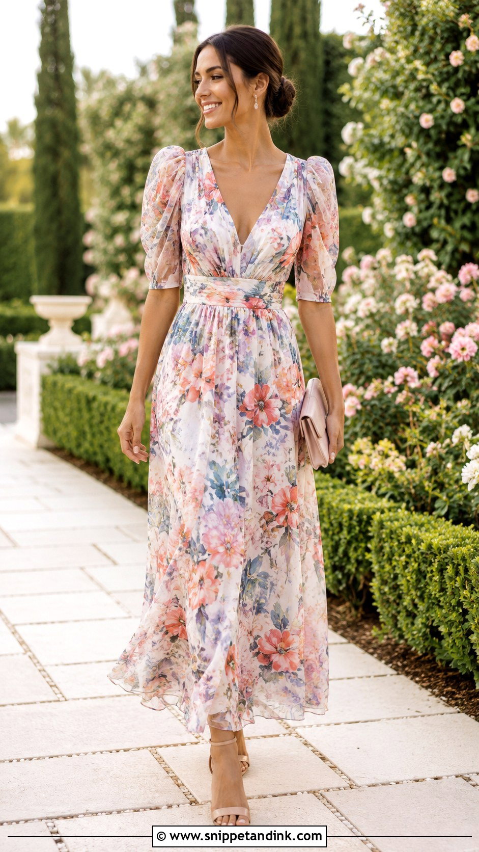 Puff Sleeve Maxi Dress With Block Heel Sandals - Snippet and Ink - 20 Elevated Garden Party Wedding Attire Ideas