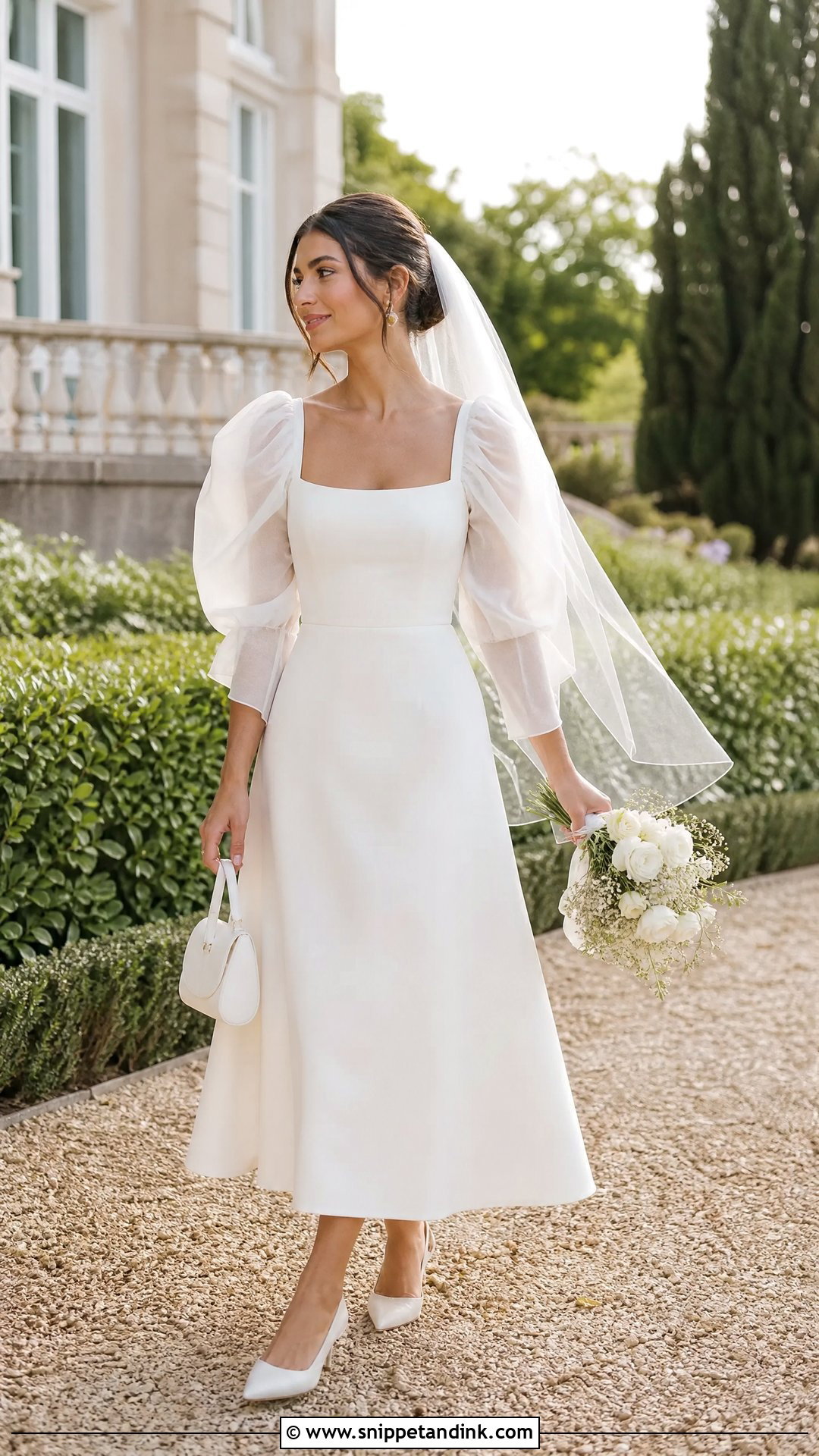 Puff Sleeve Midi Wedding Dress - Snippet and Ink - 20 Shorter Wedding Dress Ideas