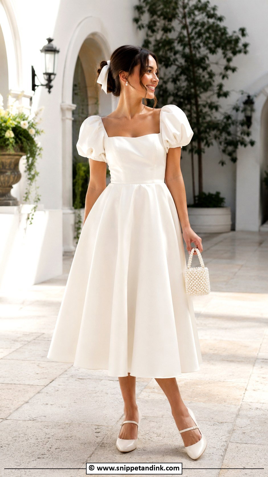 Puff Sleeve Midi Wedding Dress With Mary Jane Heels - Snippet and Ink - 30 Midi Wedding Dress Ideas