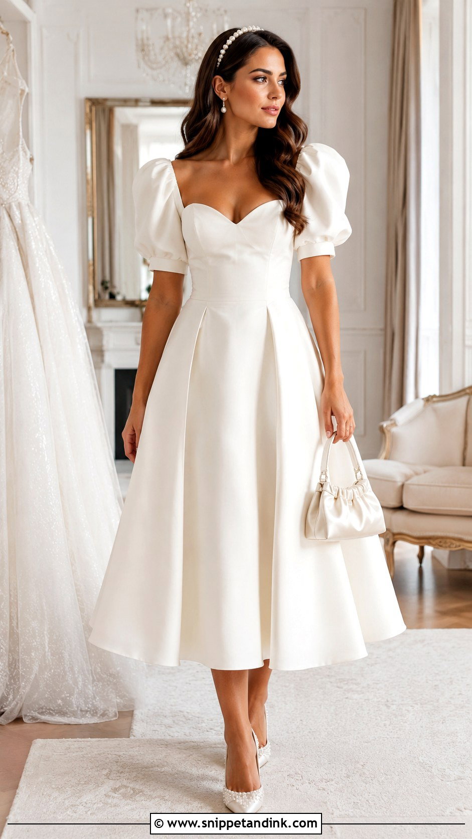 Puff Sleeve Midi Wedding Dress With Sweetheart Neckline - Snippet and Ink - 20 Midi Wedding Dress with Sleeves
