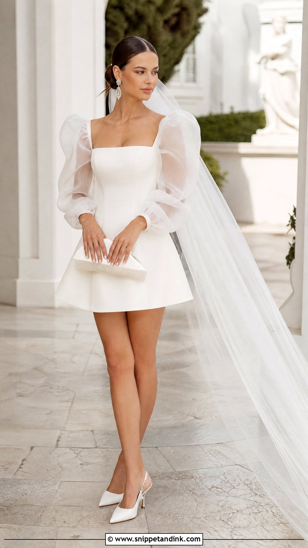 Puff Sleeve Mini Dress With Tulle Veil - Snippet and Ink - 20 Short Dress Long Veil Ideas