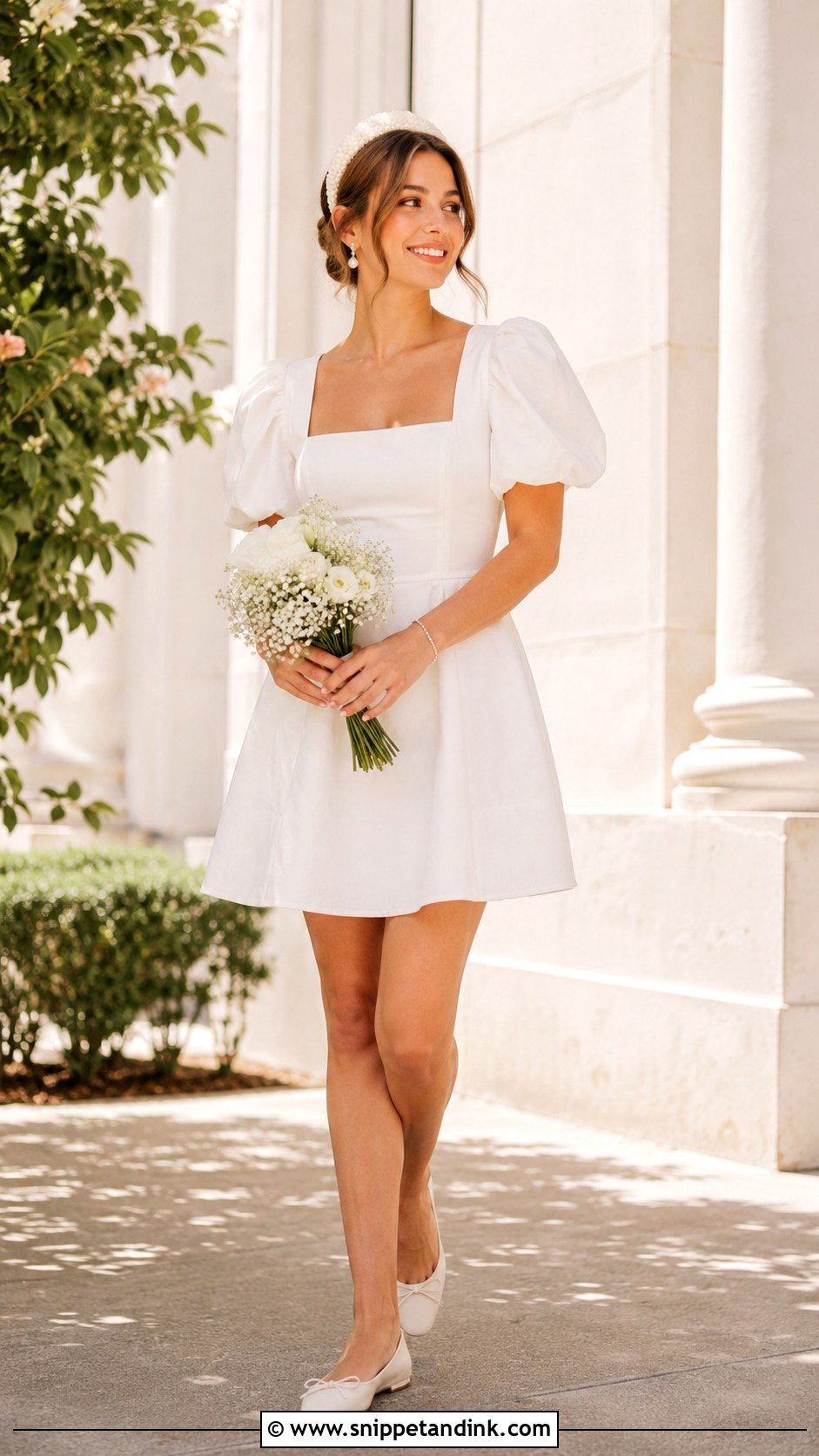 Puff Sleeve Mini Wedding Dress With Ballet Flats - Snippet and Ink - 25 Small Wedding Dress Ideas