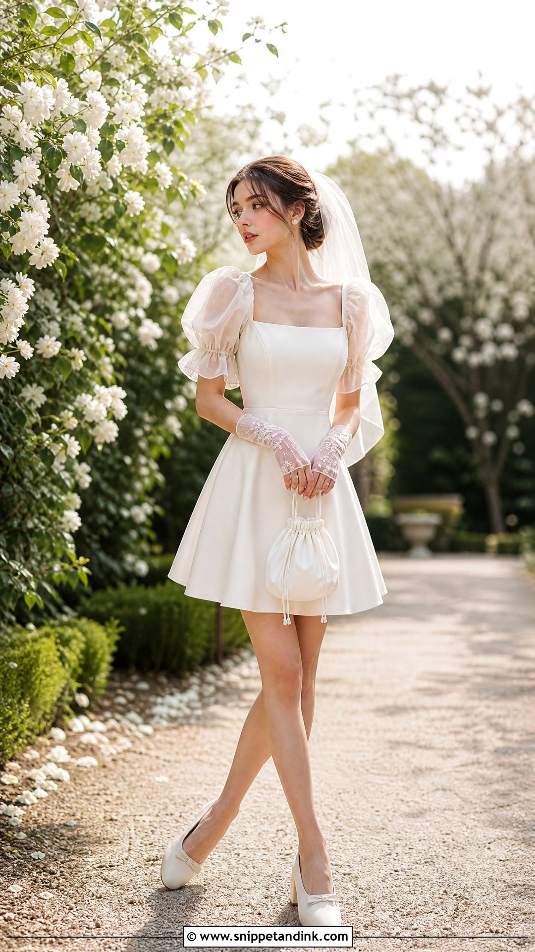 Puff Sleeve Mini Wedding Dress With Fingerless Gloves - Snippet and Ink - 20 Short Wedding Dress with Gloves Ideas