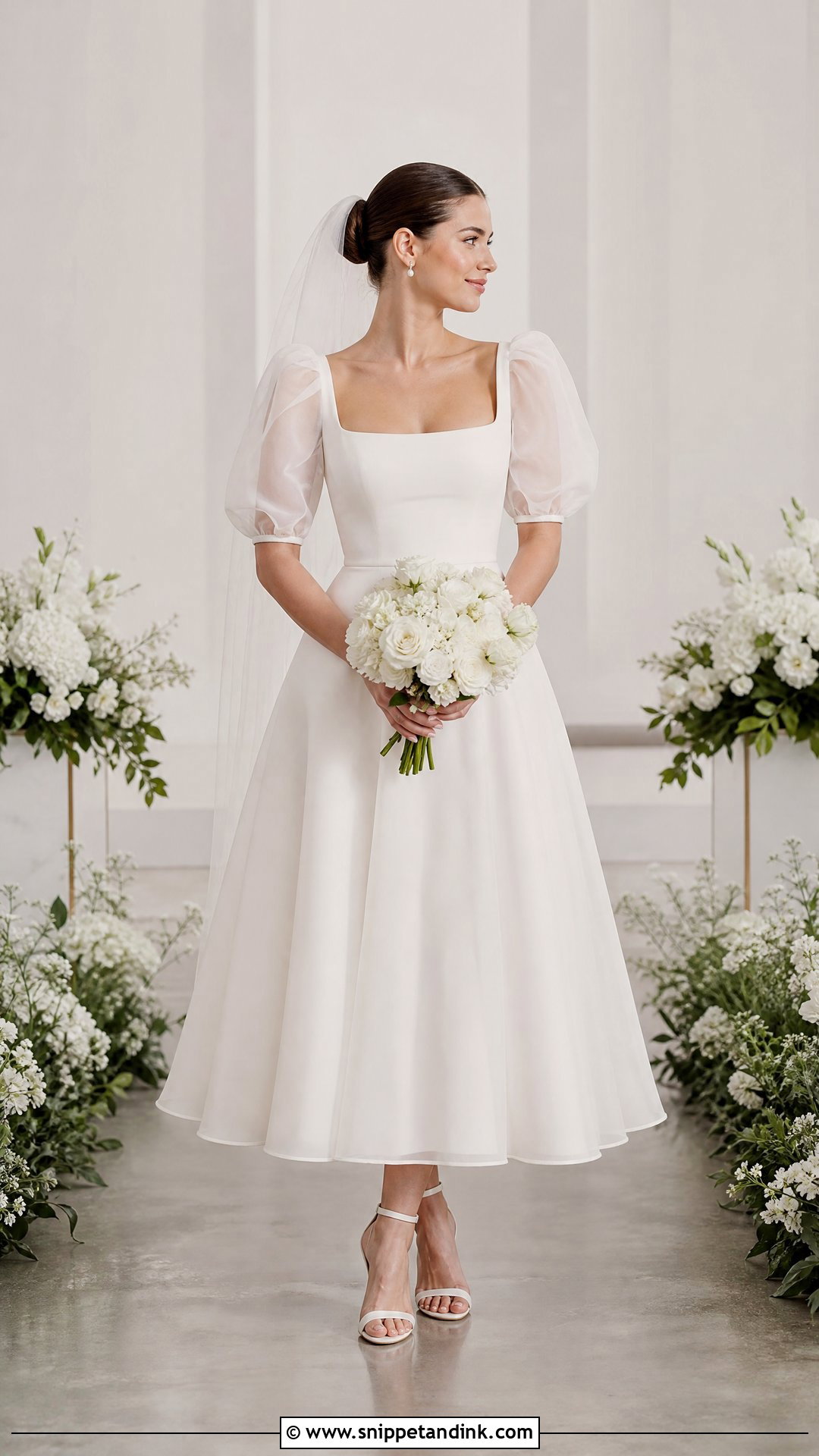 Puff Sleeve Organza Tea Length Wedding Dress - Snippet and Ink - 20 Tea Length Wedding Dresses