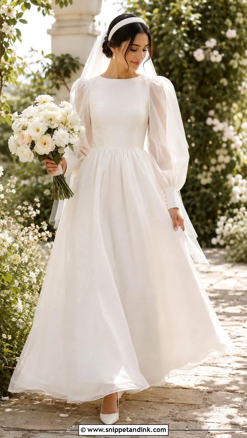 Puff Sleeve Organza Wedding Dress With Simple Accessories - Snippet and Ink - 20 Modest Simple Wedding Dress Ideas