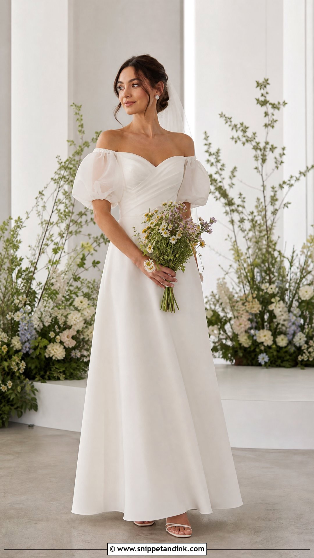 Puff Sleeve Over the Shoulder Wedding Dress - Snippet and Ink - 20 Over the Shoulder Wedding Dress Ideas