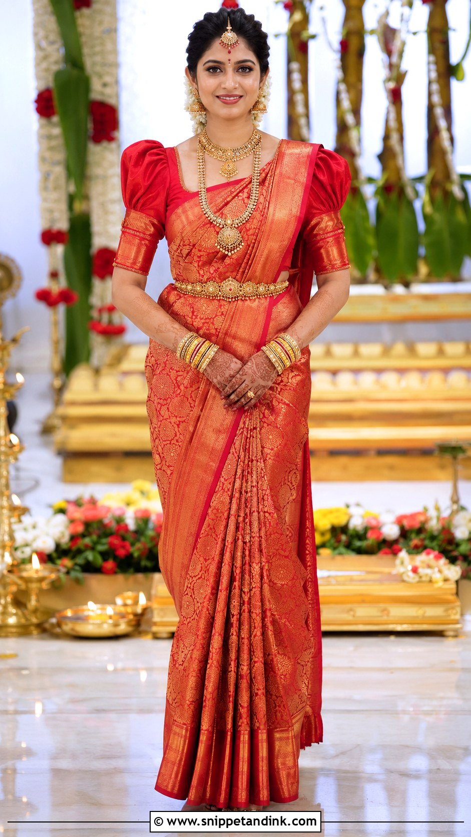 Puff Sleeve Red Bridal Blouse With Saree - Snippet and Ink - 20 Red Bridal Blouse Ideas