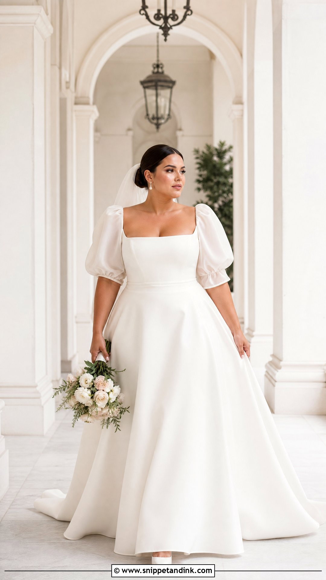 Puff Sleeve Square Neck Plus Size Wedding Gown - Snippet and Ink - 20 Plus Size Wedding Gowns with Sleeves