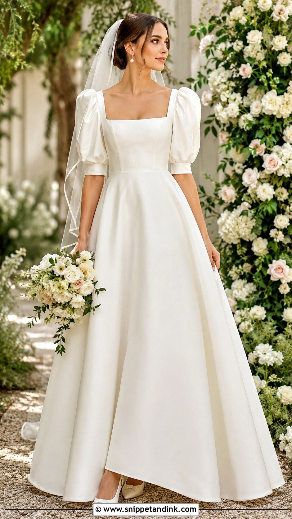 Puff Sleeve Square Neck Wedding Dress - Snippet and Ink - 20 Romantic Wedding Dress with Sleeves