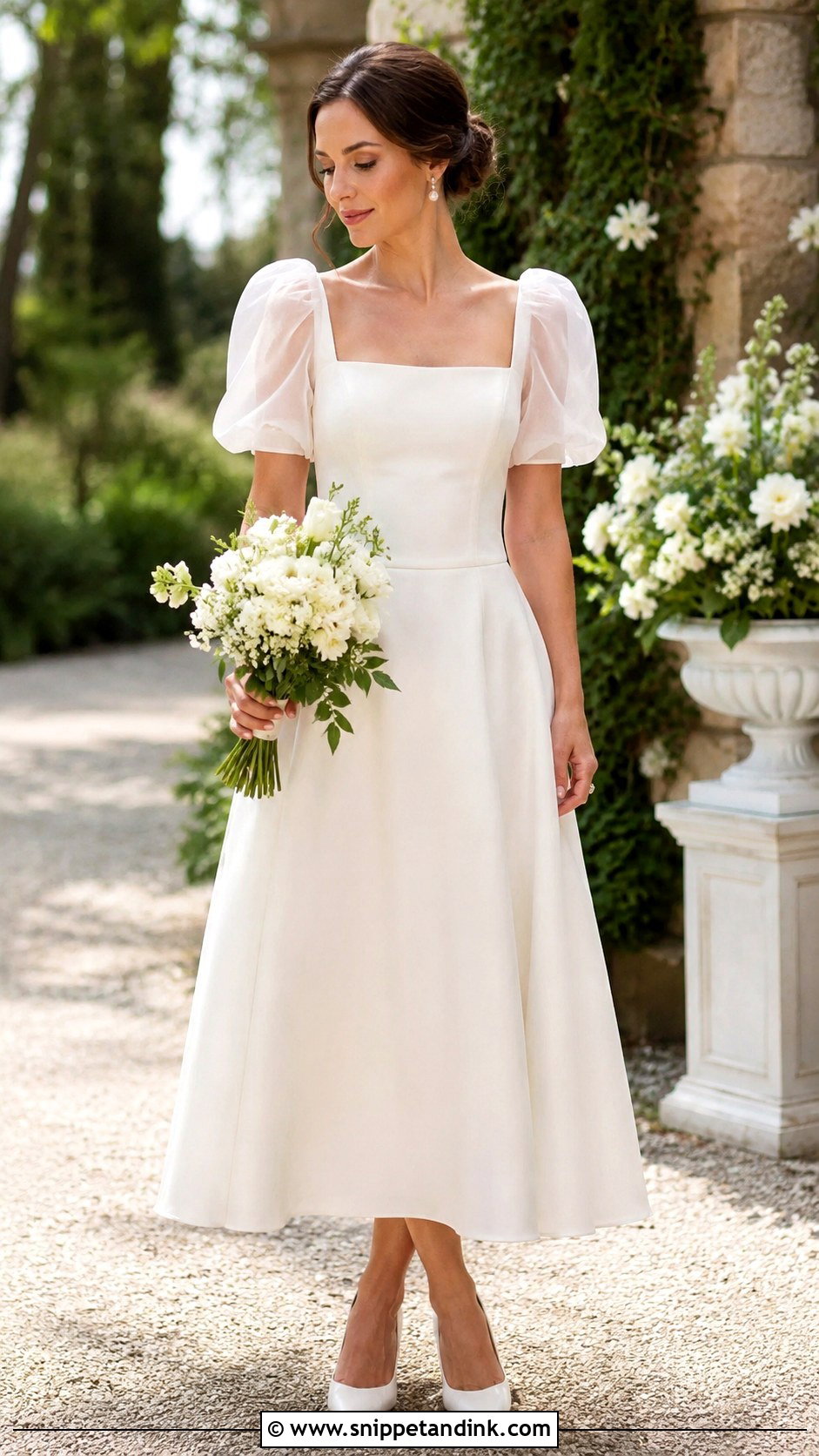 Puff Sleeve Tea Length Wedding Dress - Snippet and Ink - 25 Midi Wedding Dress Tea Length Ideas
