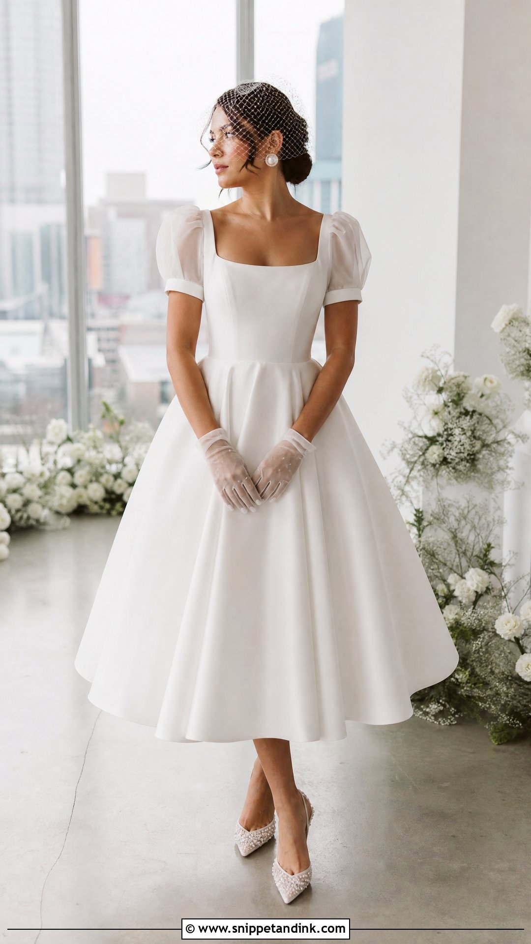 Puff Sleeve Tea Length Wedding Dress - Snippet and Ink - 20 Unique Wedding Dresses with Sleeves