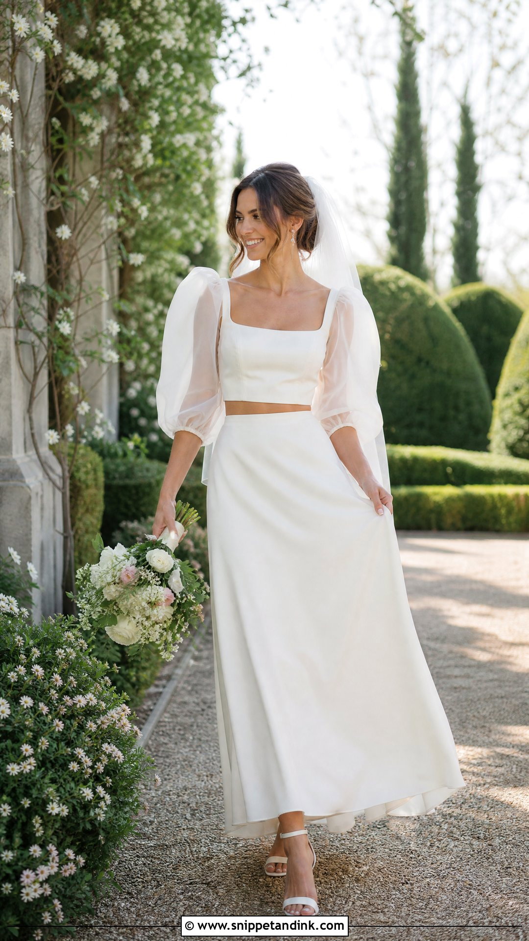 Puff Sleeve Top And A Line Skirt Two Piece Wedding Dress - Snippet and Ink - 20 Wedding Two Piece Dress Ideas