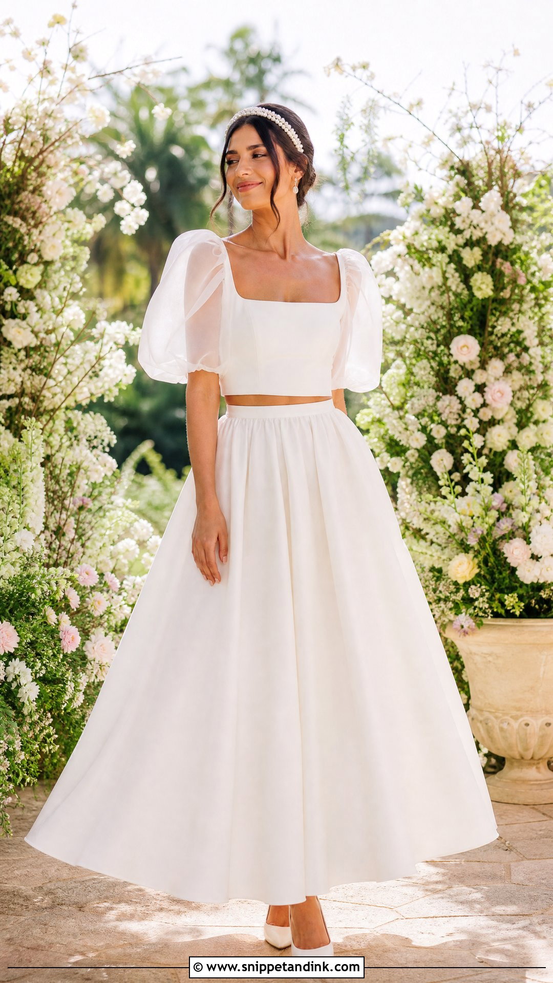 Puff Sleeve Top And Full Skirt Bridal Set - Snippet and Ink - 25 Bridal Two Piece Set Ideas