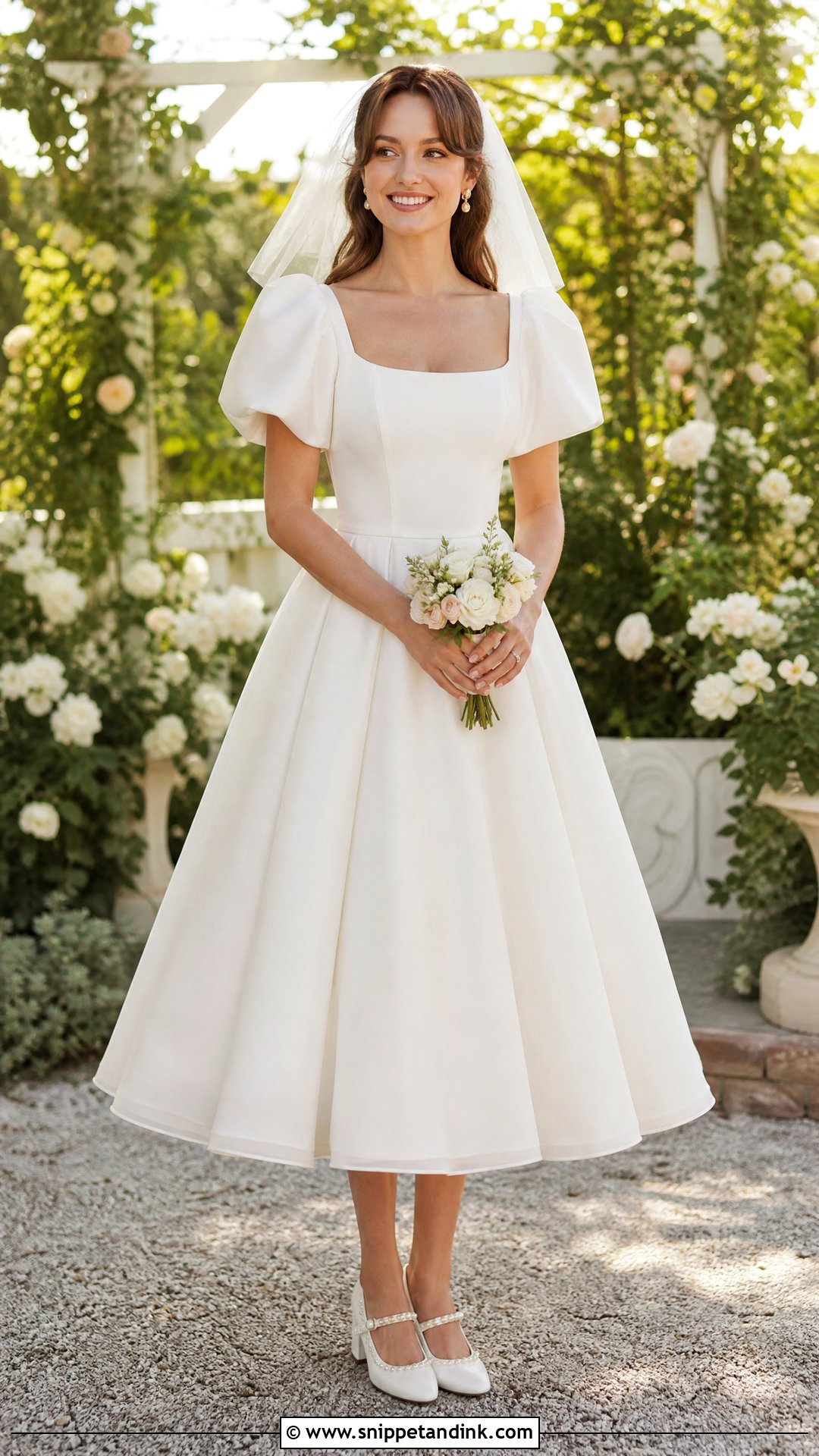 Puff Sleeve Top And Tea Length Bridal Skirt - Snippet and Ink - 20 Two Piece Bridal Outfit Ideas