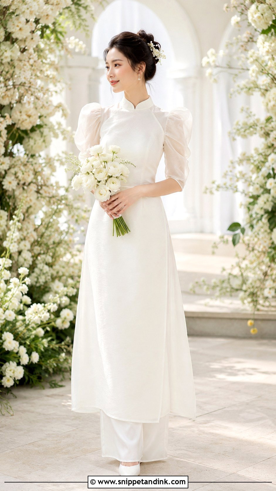 Puff Sleeve Vietnamese Wedding o Dai - Snippet and Ink - 20 Vietnam Wedding Dress Ideas