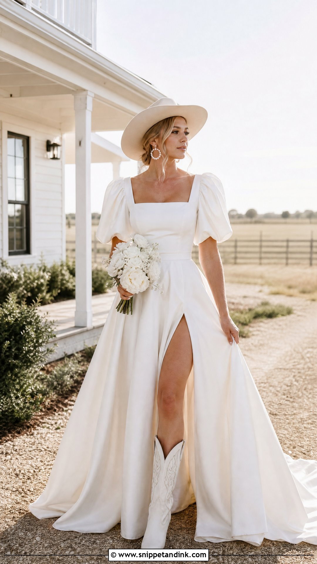 Puff Sleeve Western Bride Dress With Wide Brim Hat - Snippet and Ink - 20 Western Bride Dress Ideas