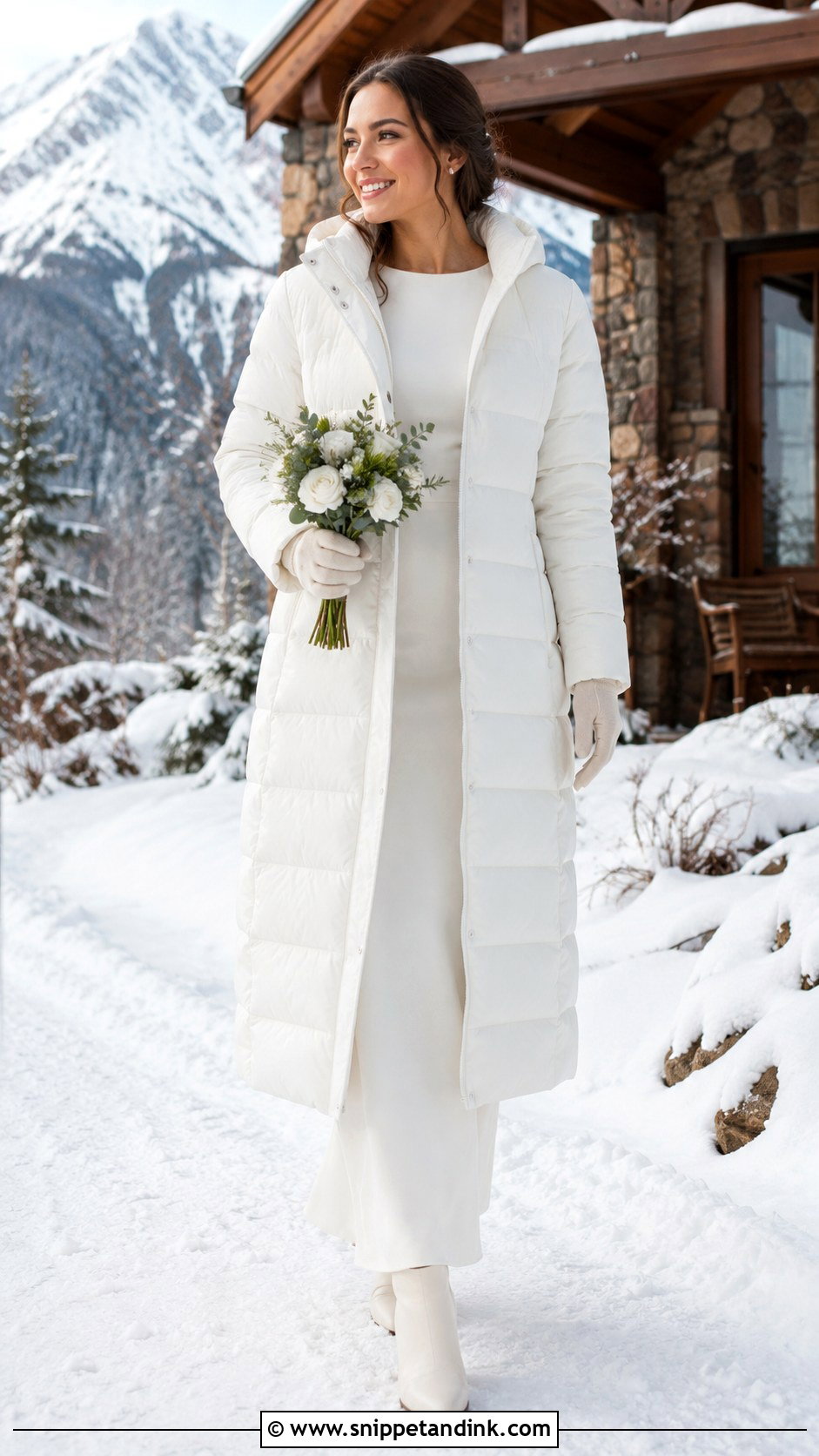 Puffer Wedding Coat With Long Sleeve Gown - Snippet and Ink - 20 Wedding Coats for Brides Ideas