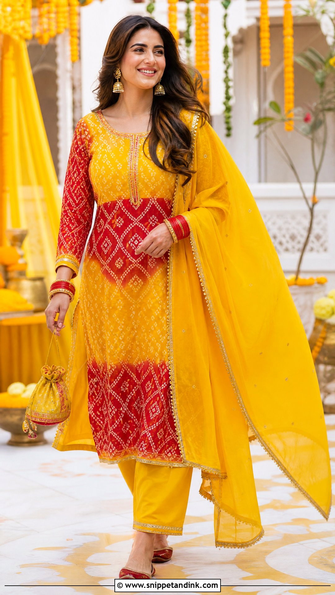 Punjabi Haldi Bandhani Suit With Punjabi Juttis - Snippet and Ink - 20 Punjabi Haldi Outfit Ideas