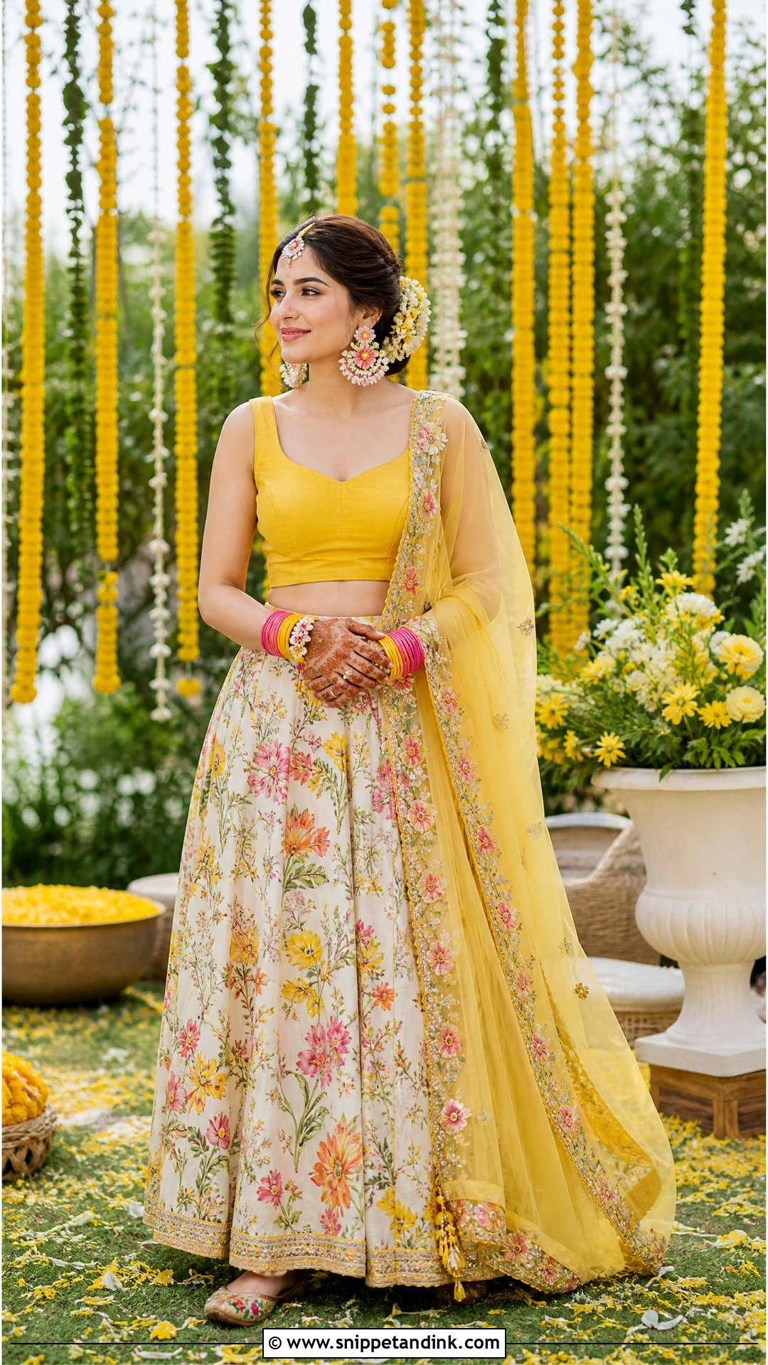 Punjabi Haldi Floral Lehenga With Yellow Dupatta - Snippet and Ink - 20 Punjabi Haldi Outfit Ideas