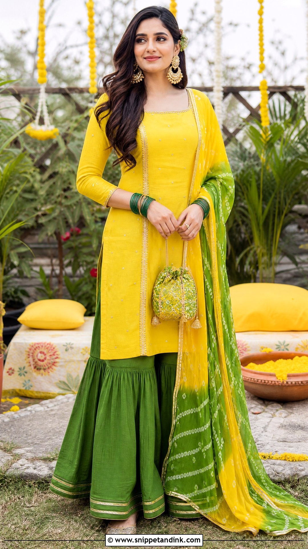 Punjabi Haldi Green Gharara With Yellow Kurti - Snippet and Ink - 20 Punjabi Haldi Outfit Ideas